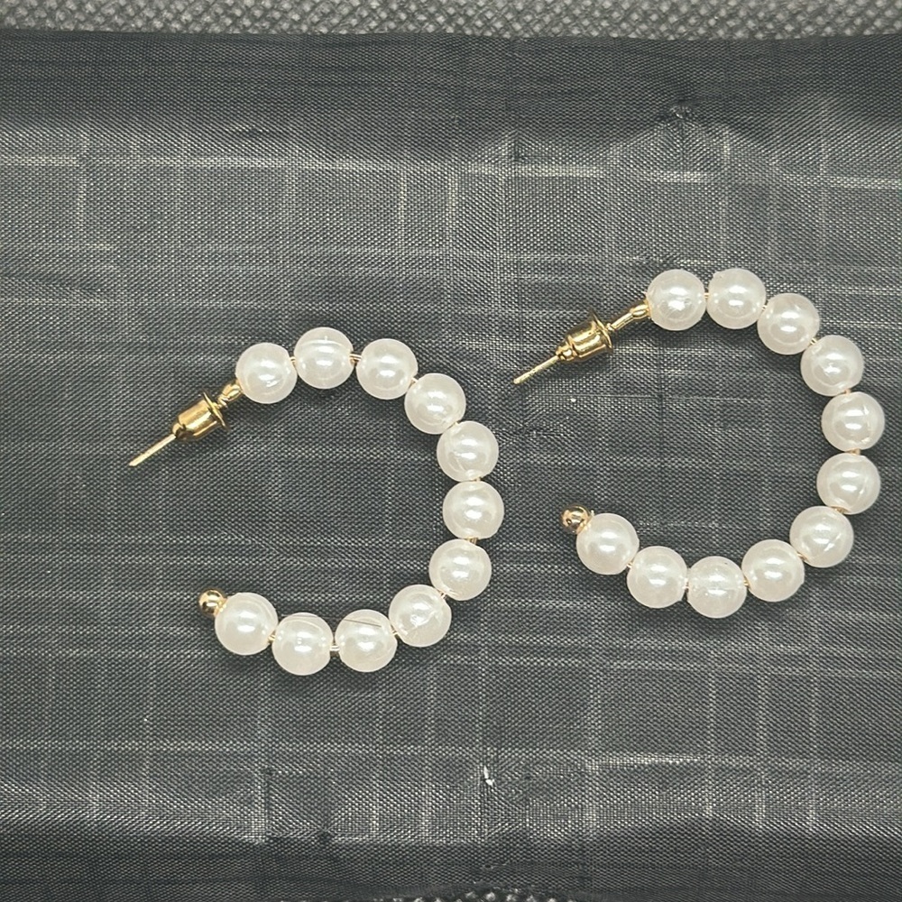 Classic White Simulated Pearl Gold Tone Elegant C-Hoops | Timeless Jewelry - Picture 8 of 16